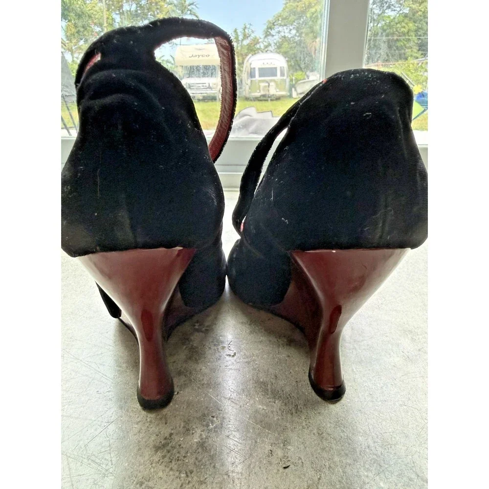 Vintage Yves Saint Laurent Black Velvet Red Sculptural Wedge Heels 38.5 - Picture 3 of 6